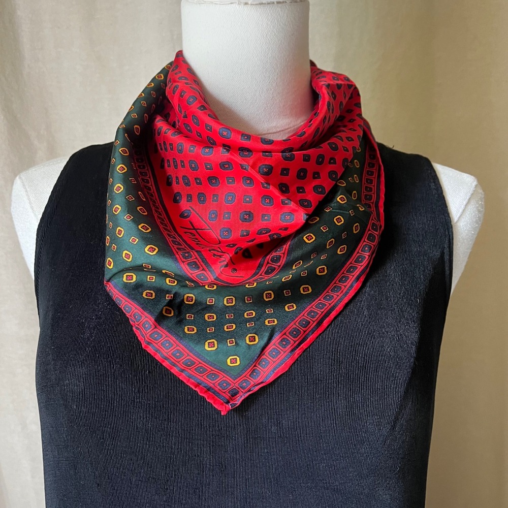 Pendleton Silk Scarf Red Green Geometric Square Scarf 23x23